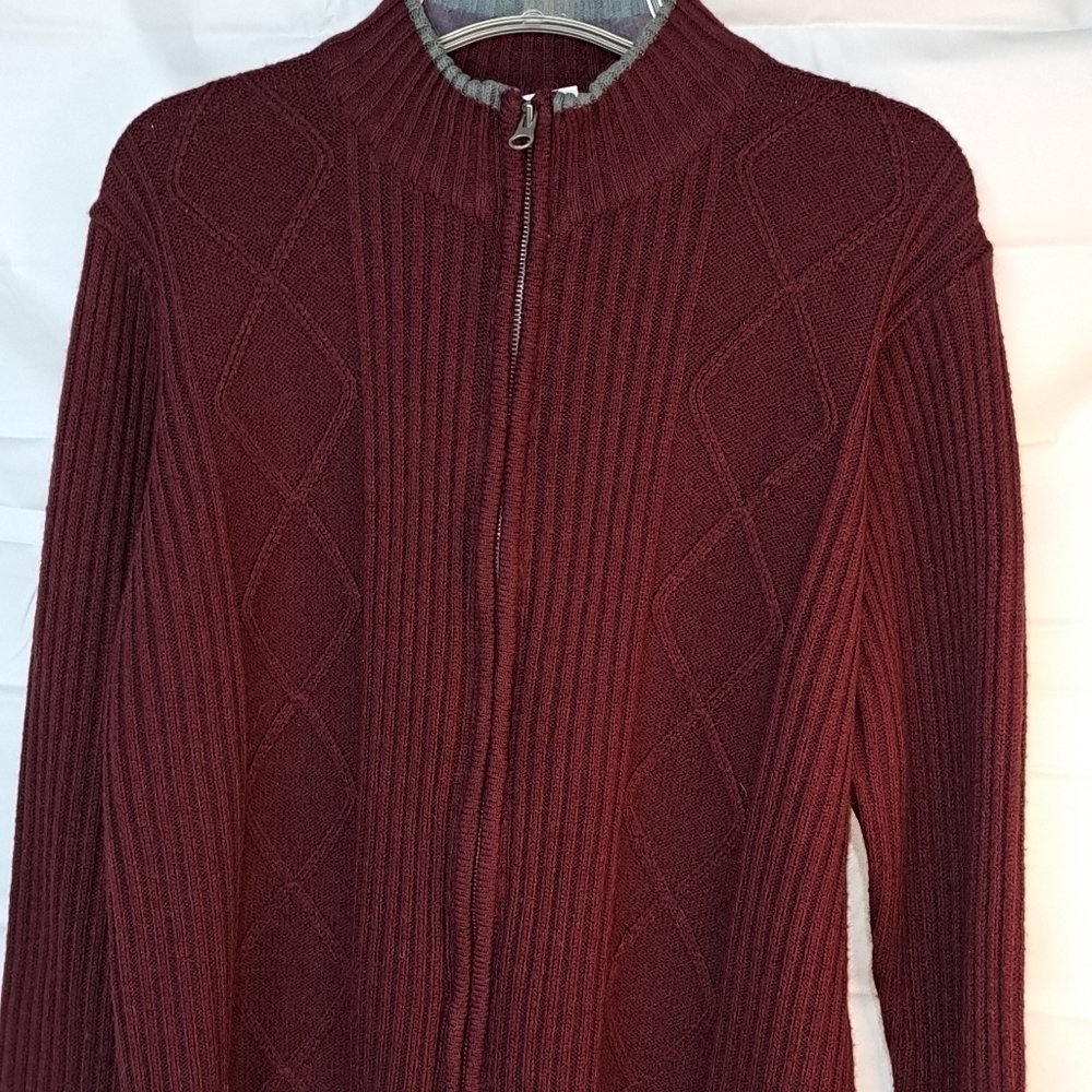Vintage 90s Haband Men's Full Zip Burgundy and Gray Sweater Knit 100% Acrylic M